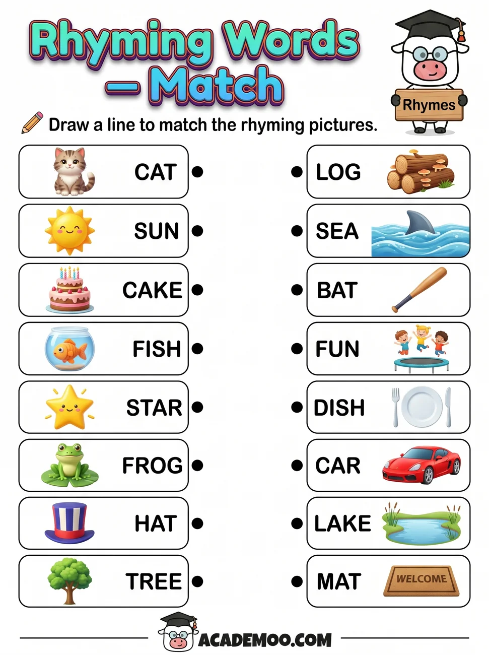 Rhyming Words Match worksheet — kindergarten language arts printable PDF · Free printable rhyming words match worksheet for Kindergarten.