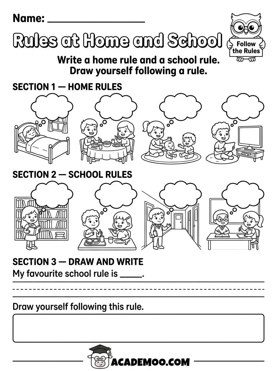 Rules at Home and School worksheet — kindergarten language arts printable PDF · Free printable rules at home and school worksheet for Kindergarten.