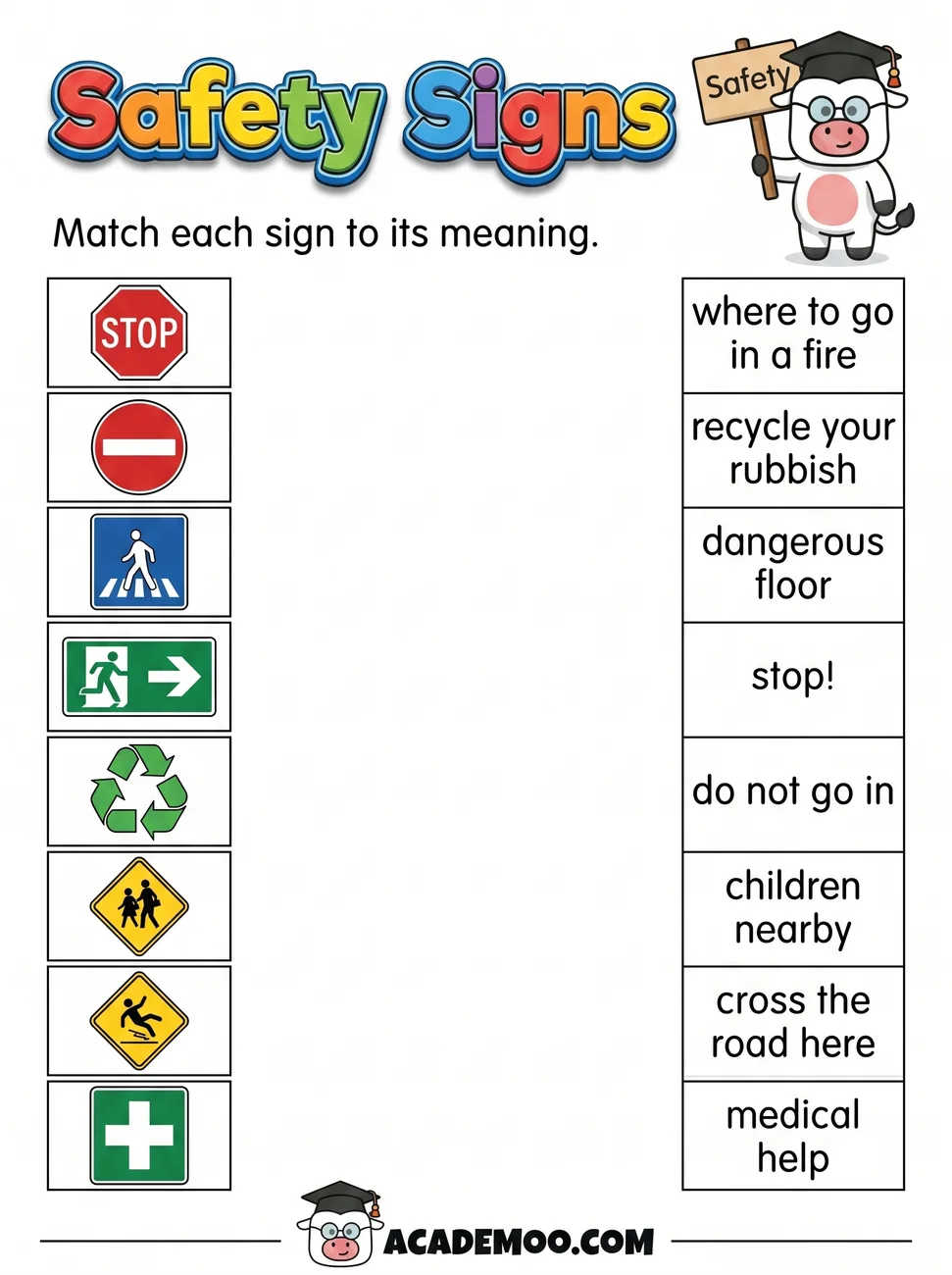 Safety Signs worksheet — 1st grade language arts printable PDF · Free printable safety signs worksheet for 1st Grade.