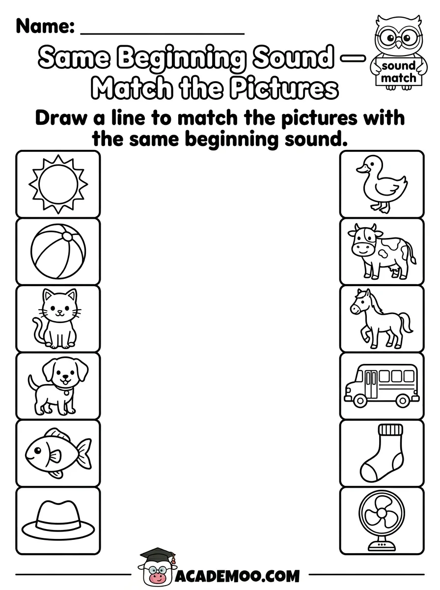 Same Beginning Sound Match the Pictures worksheet — kindergarten language arts printable PDF · Free printable Same Beginning Sound Match the Pictures worksheet for Kindergarten.