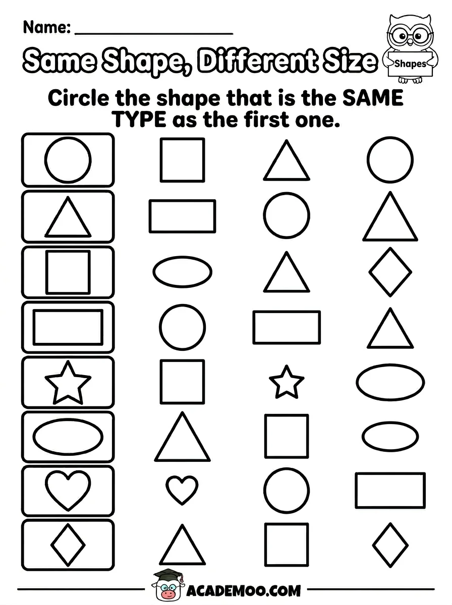 Same Shape Different Size worksheet — pre-k math printable PDF · Free printable same shape different size worksheet for Pre-K.