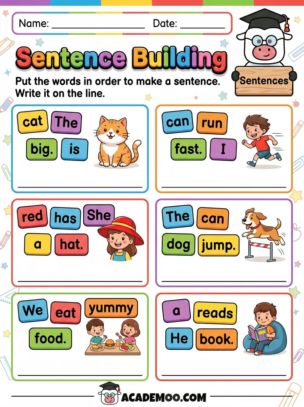 Sentence Building worksheet — kindergarten language arts printable PDF · Free printable sentence building worksheet for Kindergarten.