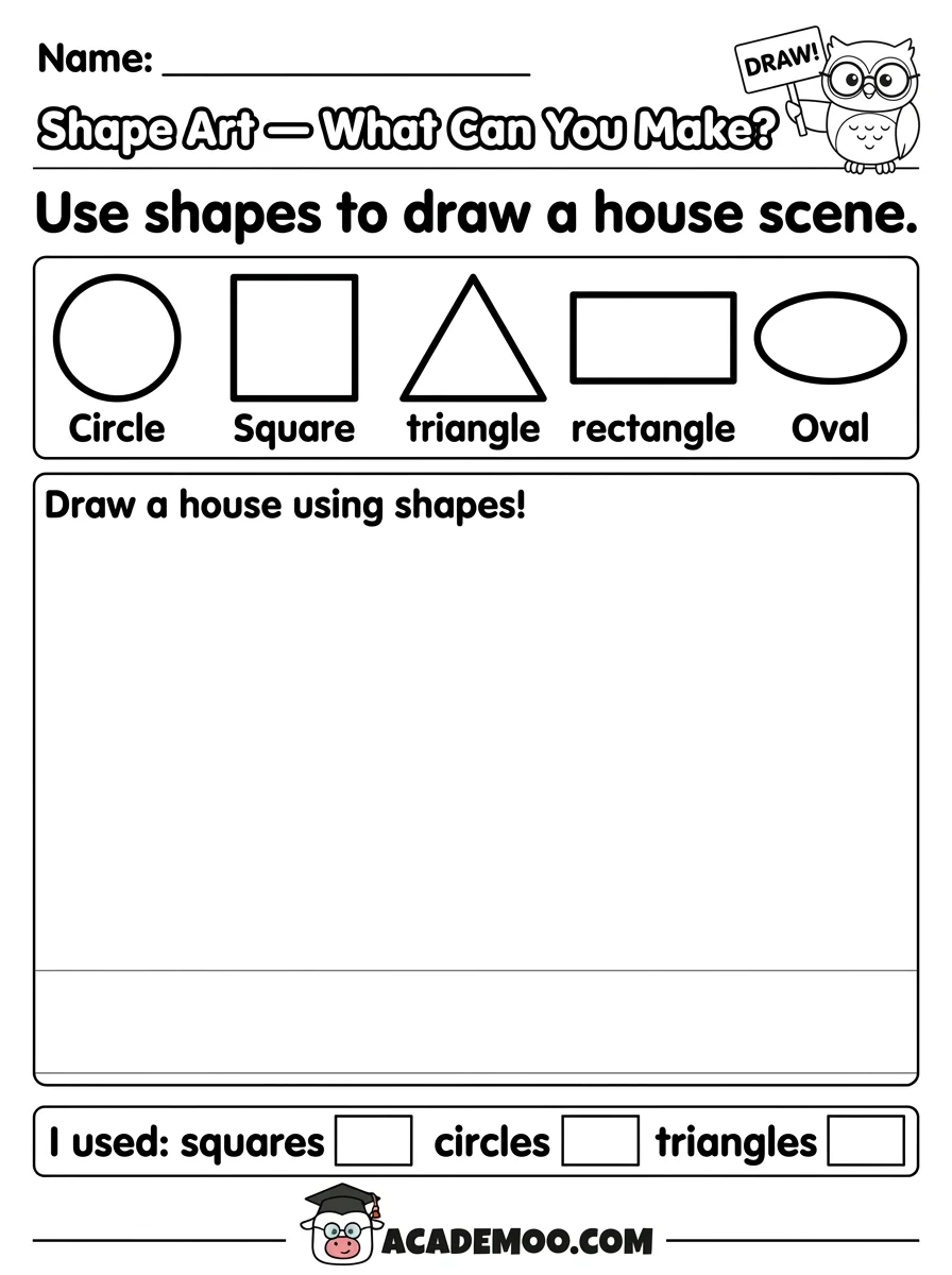 Shape Art Draw a House worksheet — pre-k math printable PDF · Free printable shape art draw a house worksheet for Pre-K.