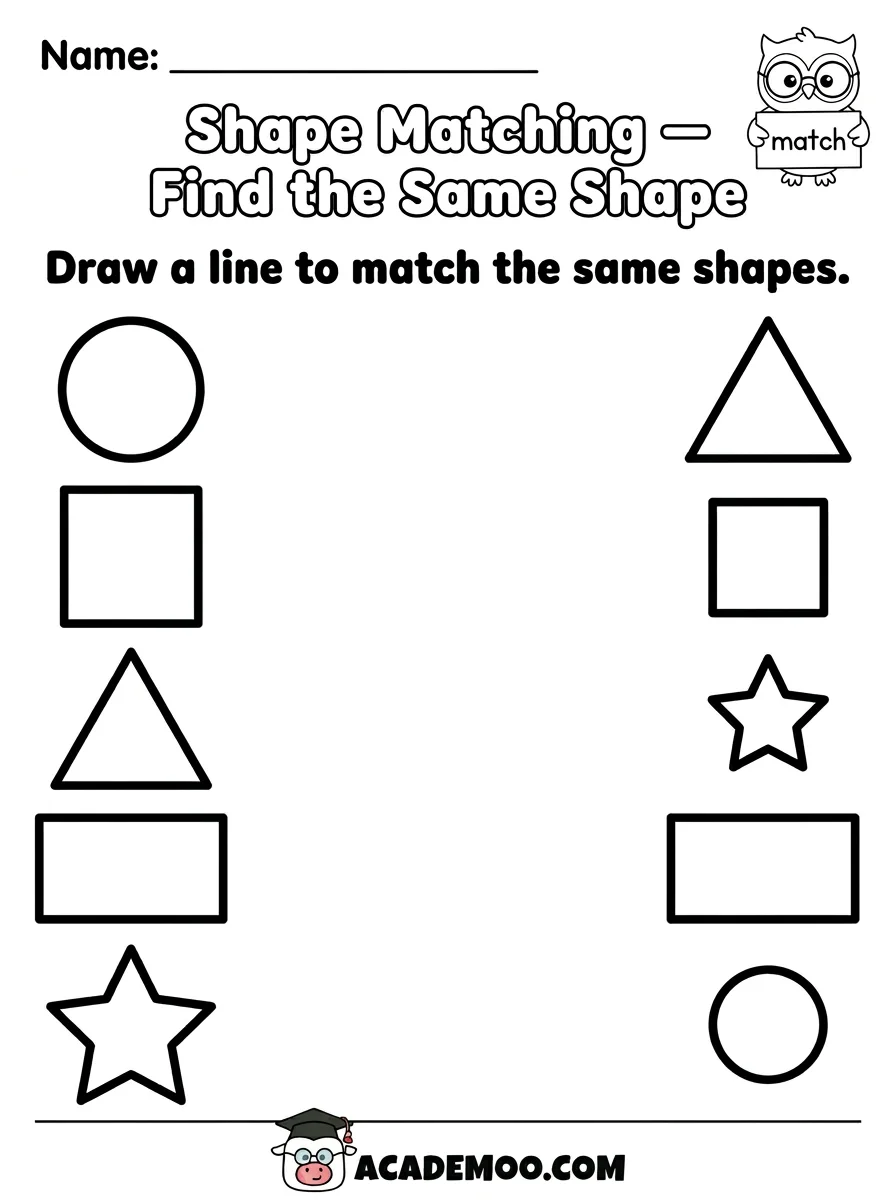 Shape Matching Find the Same Shape worksheet — pre-k math printable PDF · Free printable shape matching find the same shape worksheet for Pre-K.
