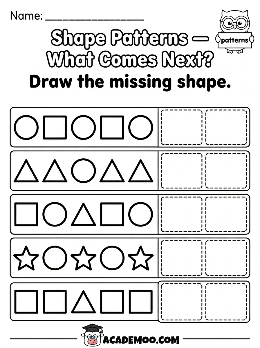 Shape Patterns Draw What Comes Next worksheet — pre-k math printable PDF · Free printable Shape Patterns Draw What Comes Next worksheet for Pre-K.