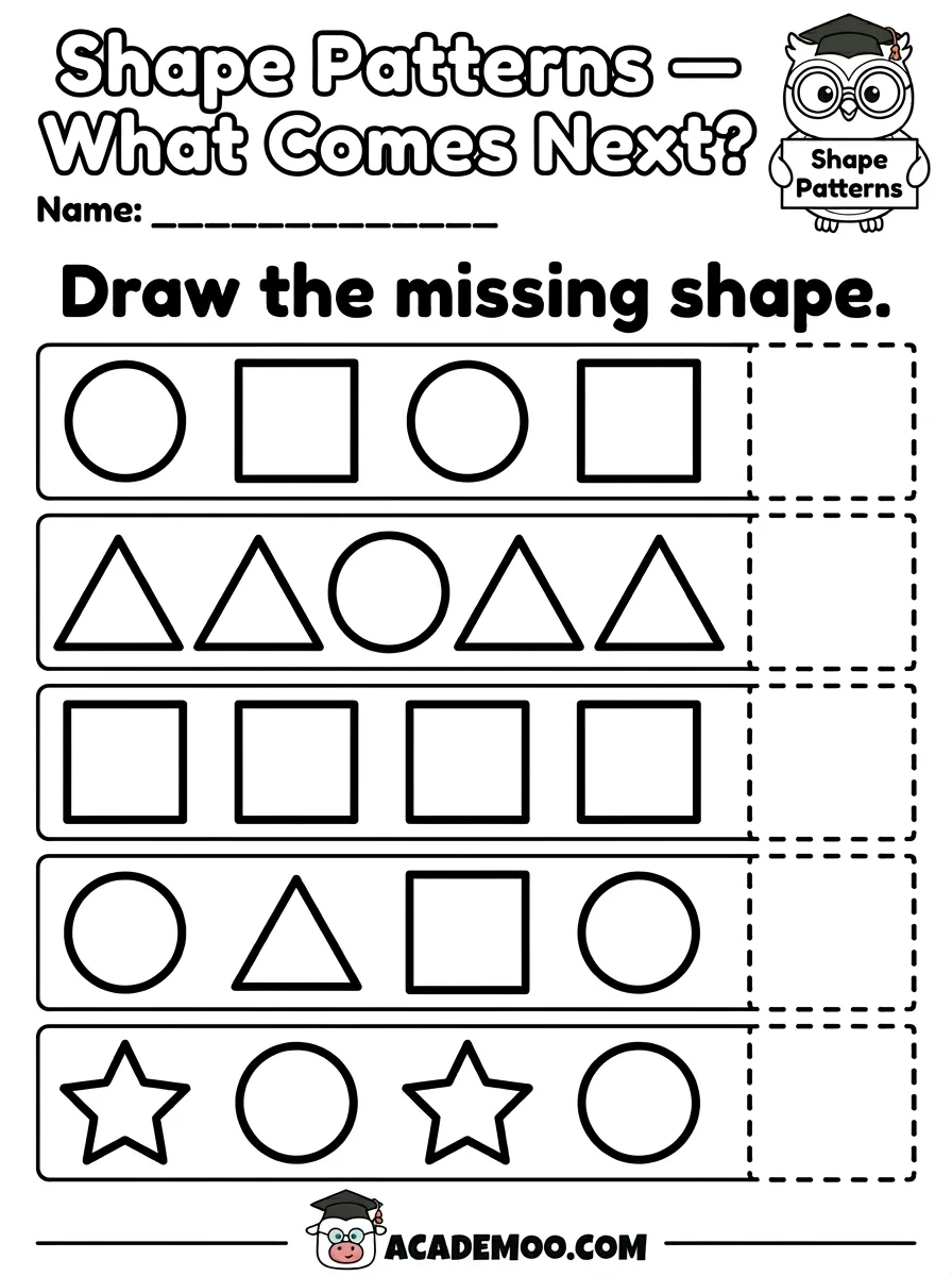 Shape Patterns What Comes Next worksheet — pre-k math printable PDF · Free printable shape patterns what comes next worksheet for Pre-K.