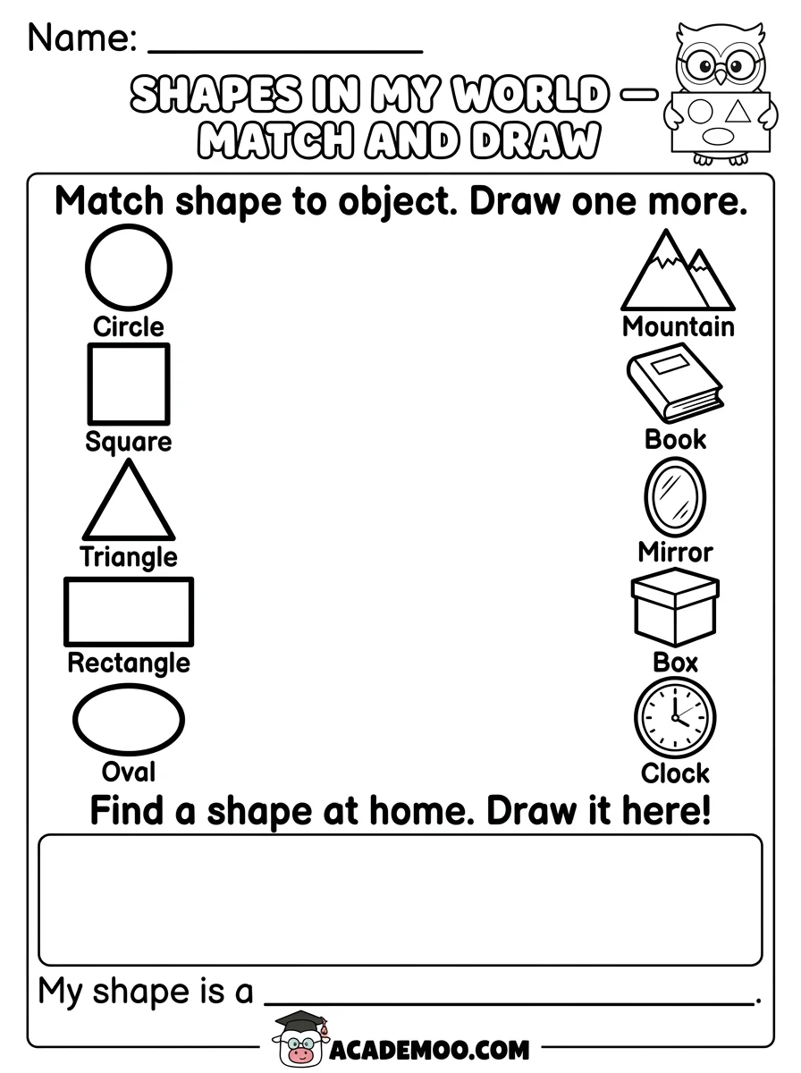 Shapes in My World Match and Draw worksheet — kindergarten math printable PDF · Free printable shapes in my world match and draw worksheet for Kindergarten.