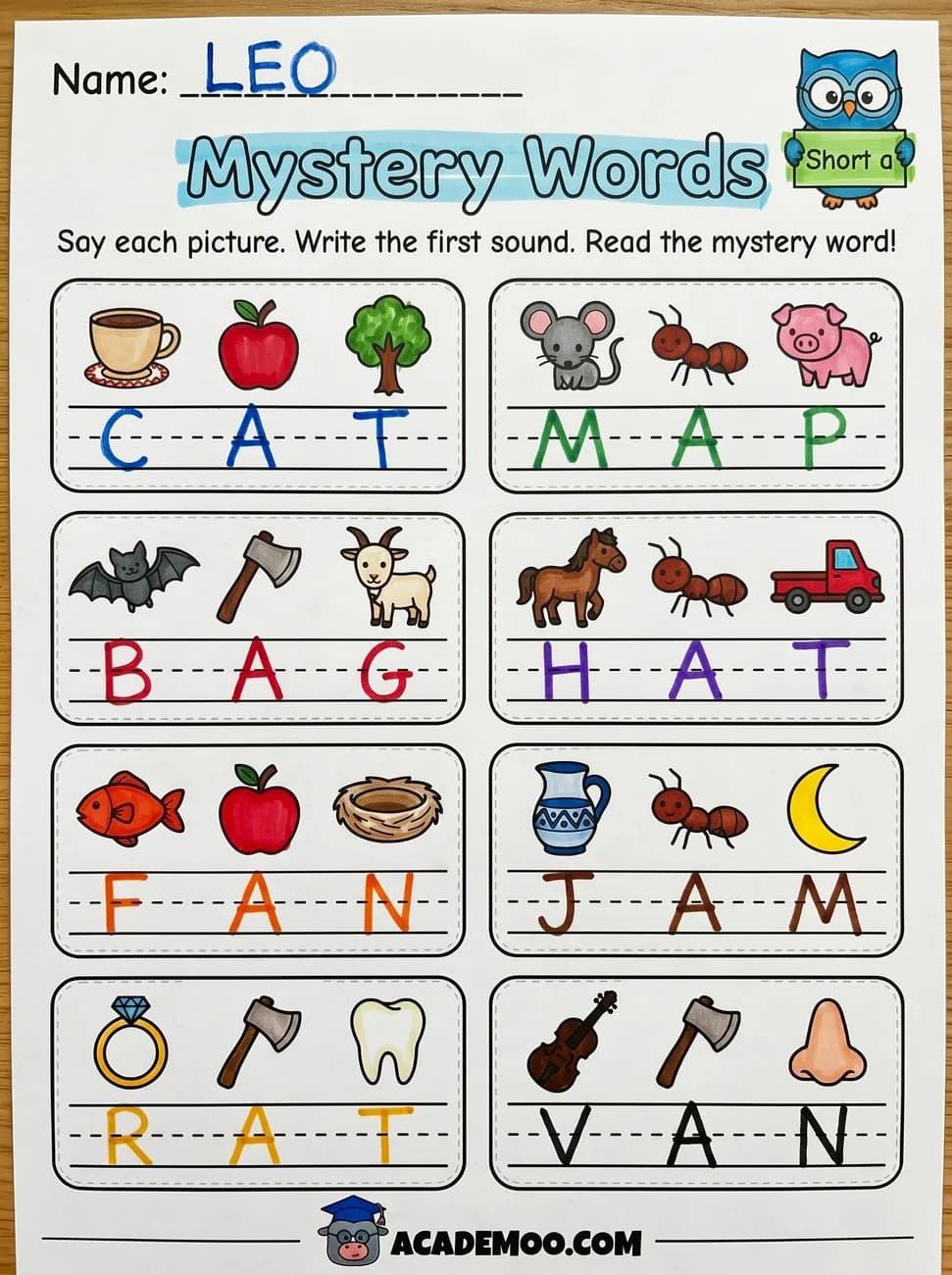 Short A Mystery Words — Free Printable Worksheet worksheet — kindergarten language arts printable PDF · Free printable Short A mystery words worksheet.