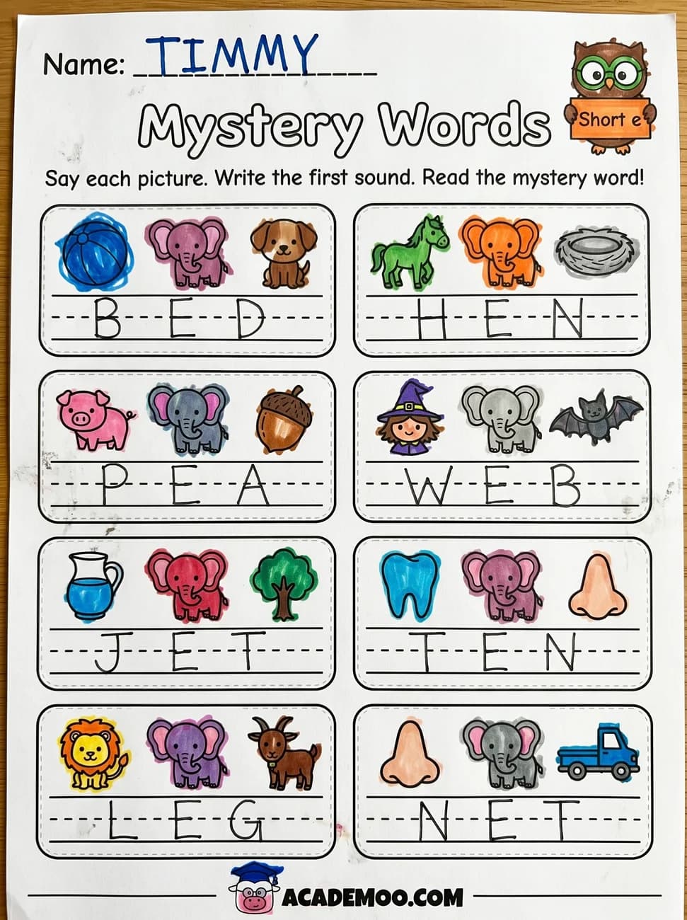 Short E Mystery Words — Free Printable Worksheet worksheet — kindergarten language arts printable PDF · Free printable Short E mystery words worksheet.