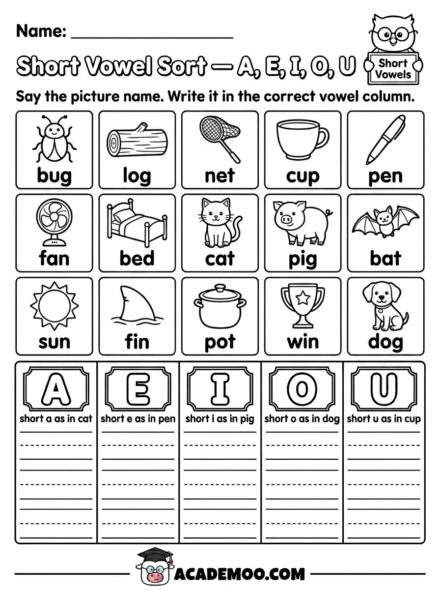 Short Vowel Sort A E I O U worksheet — kindergarten language arts printable PDF · Free printable short vowel sort a e i o u worksheet for Kindergarten.