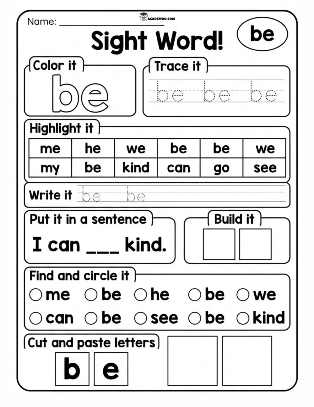 Sight Word Be worksheet — kindergarten language arts printable PDF · Printable sight word be worksheet for Kindergarten.