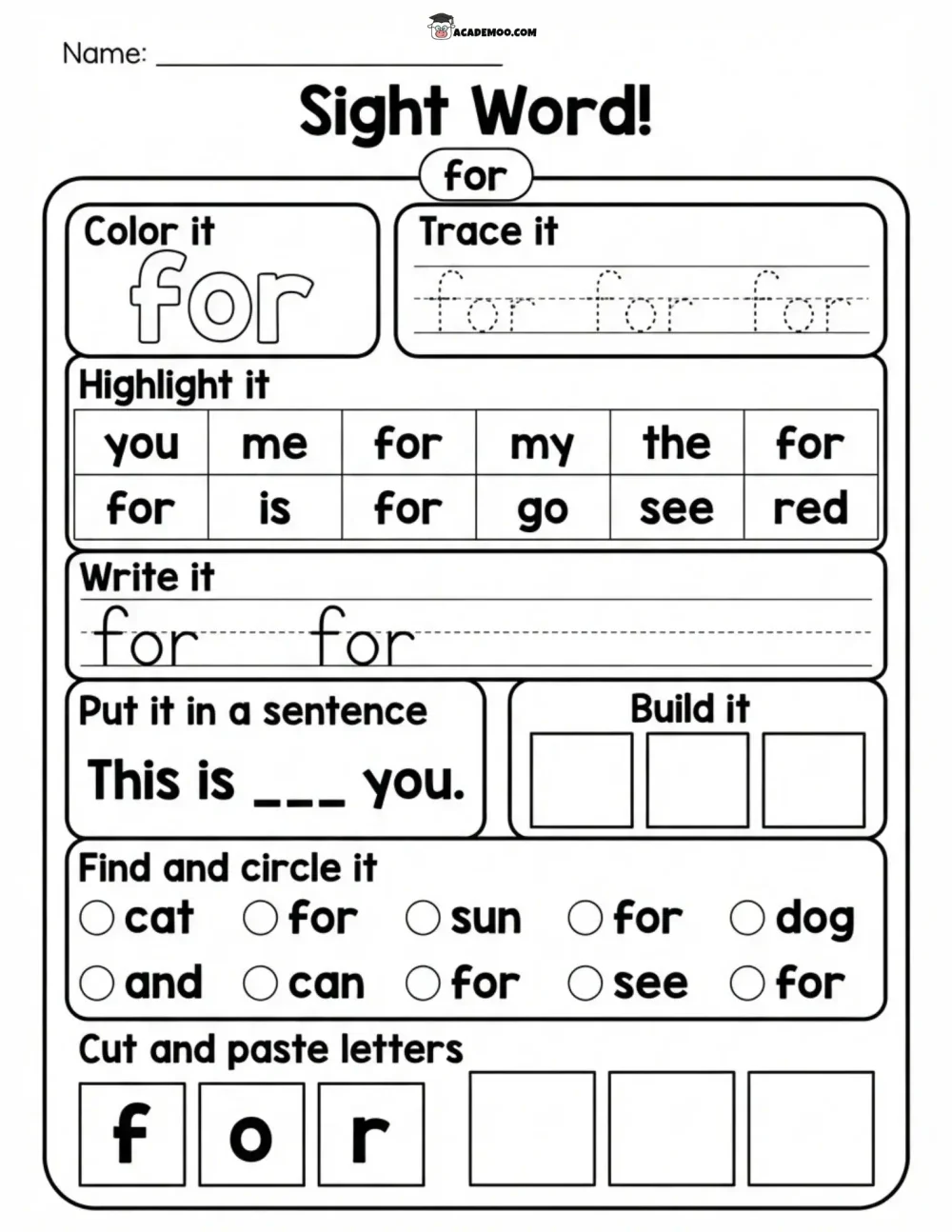 Sight Word For worksheet — kindergarten language arts printable PDF · Printable sight word for worksheet for Kindergarten.