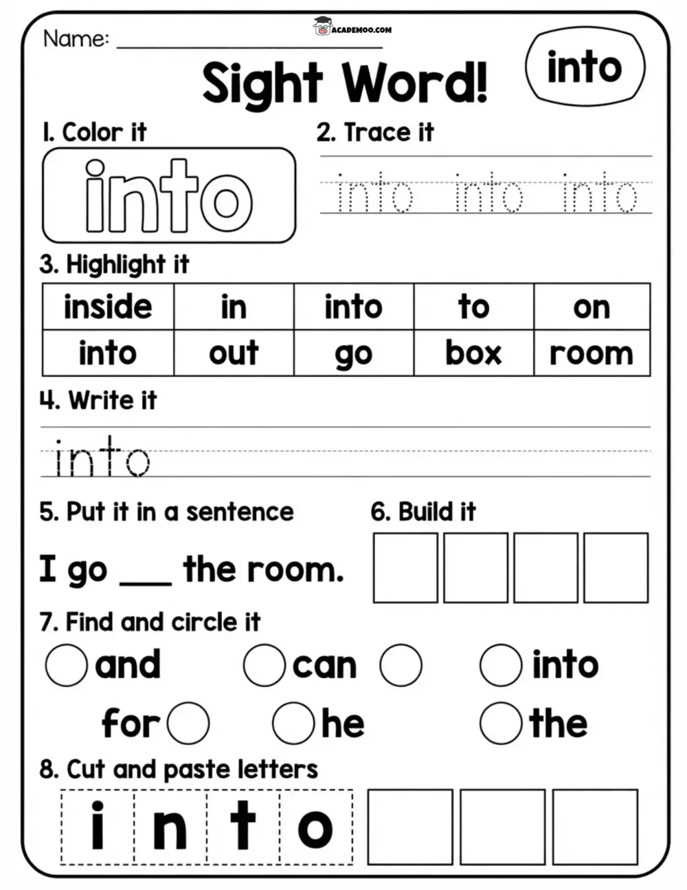 Sight Word Into worksheet — kindergarten language arts printable PDF · Printable sight word into worksheet for Kindergarten.