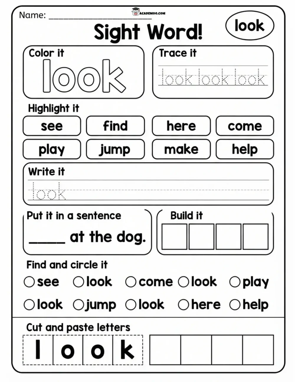 Sight Word Look worksheet — kindergarten language arts printable PDF · Printable sight word look worksheet for Kindergarten.