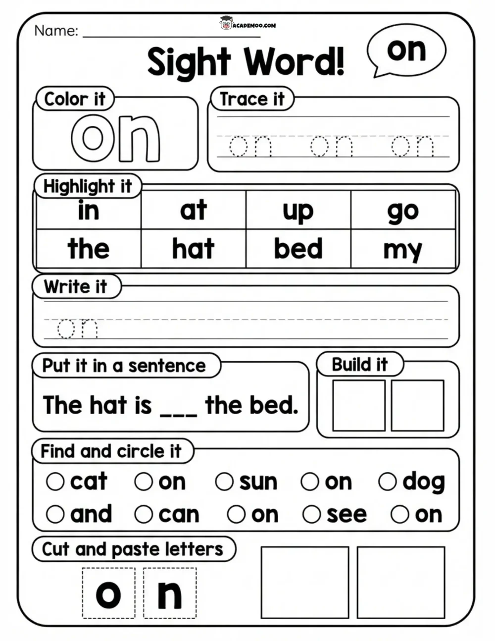 Sight Word On worksheet — kindergarten language arts printable PDF · Printable sight word on worksheet for Kindergarten.