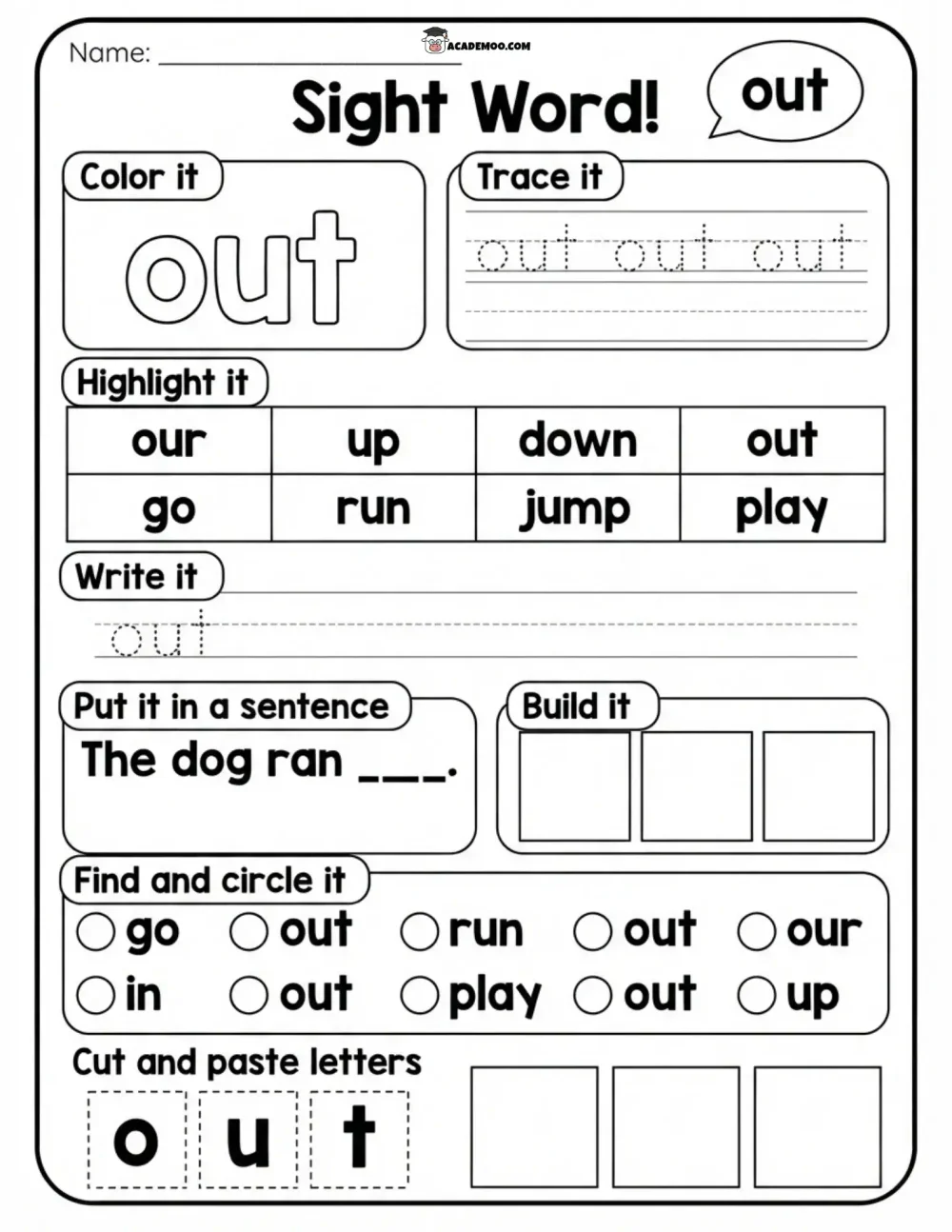Sight Word Out worksheet — kindergarten language arts printable PDF · Printable sight word out worksheet for Kindergarten.