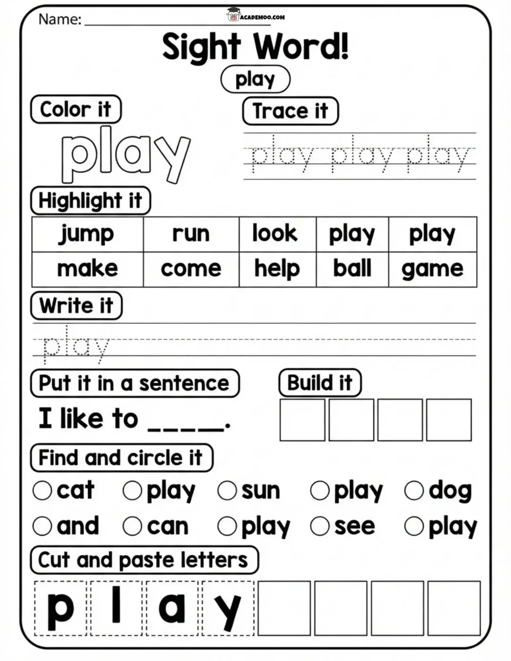 Sight Word Play worksheet — kindergarten language arts printable PDF · Printable sight word play worksheet for Kindergarten.