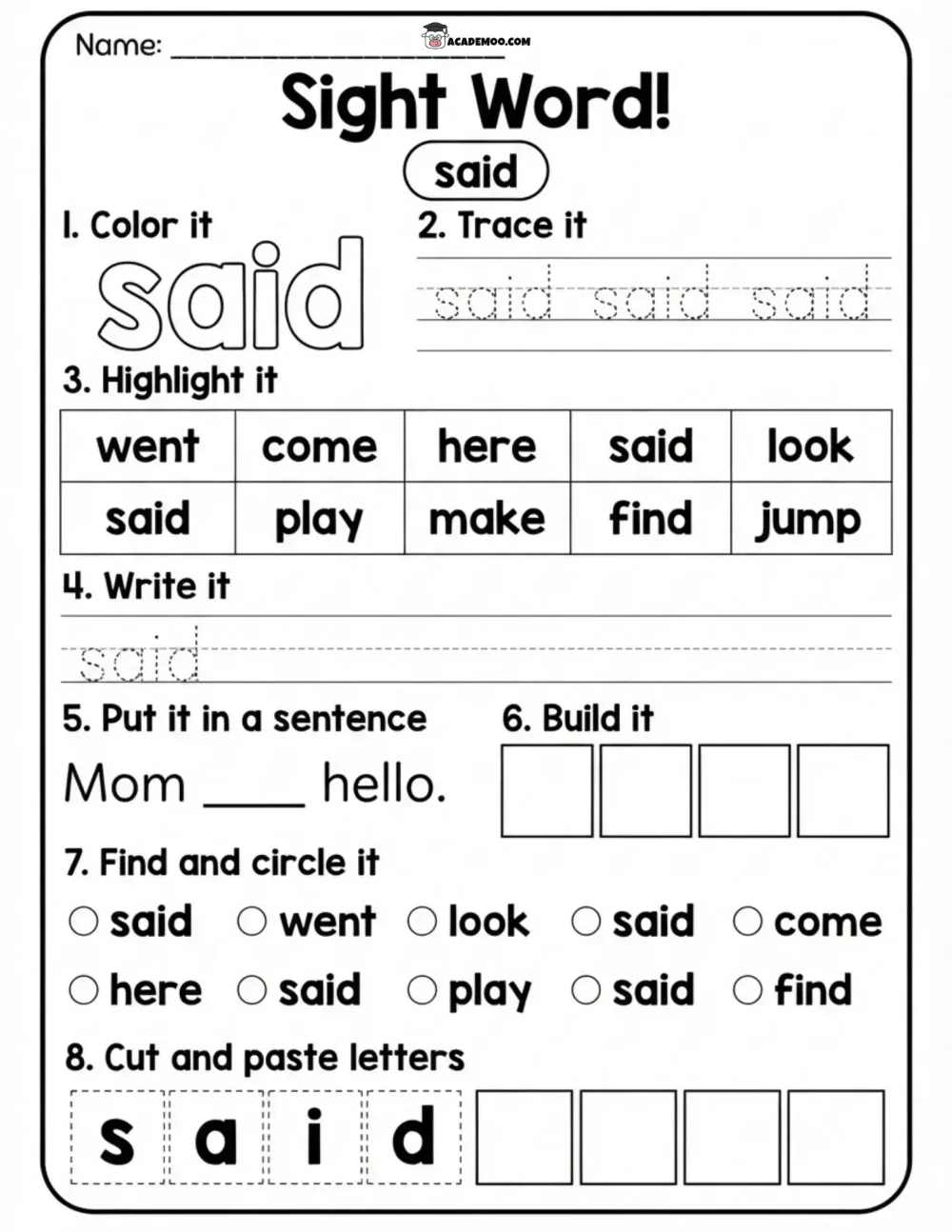 Sight Word Said worksheet — kindergarten language arts printable PDF · Printable sight word said worksheet for Kindergarten.