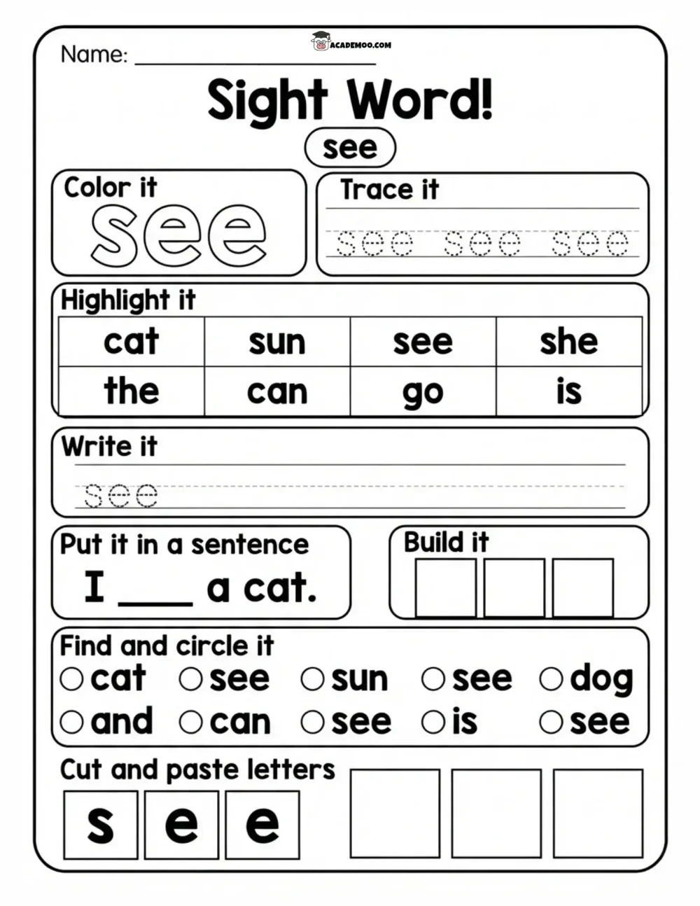 Sight Word See worksheet — kindergarten language arts printable PDF · Printable sight word see worksheet for Kindergarten.