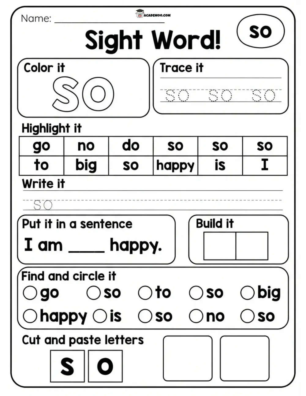 Sight Word So worksheet — kindergarten language arts printable PDF · Printable sight word so worksheet for Kindergarten.