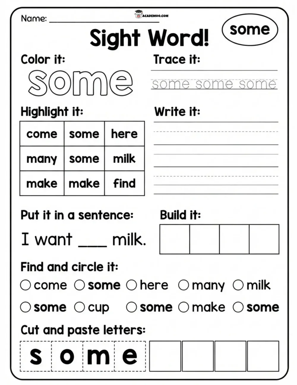 Sight Word Some worksheet — kindergarten language arts printable PDF · Printable sight word some worksheet for Kindergarten.