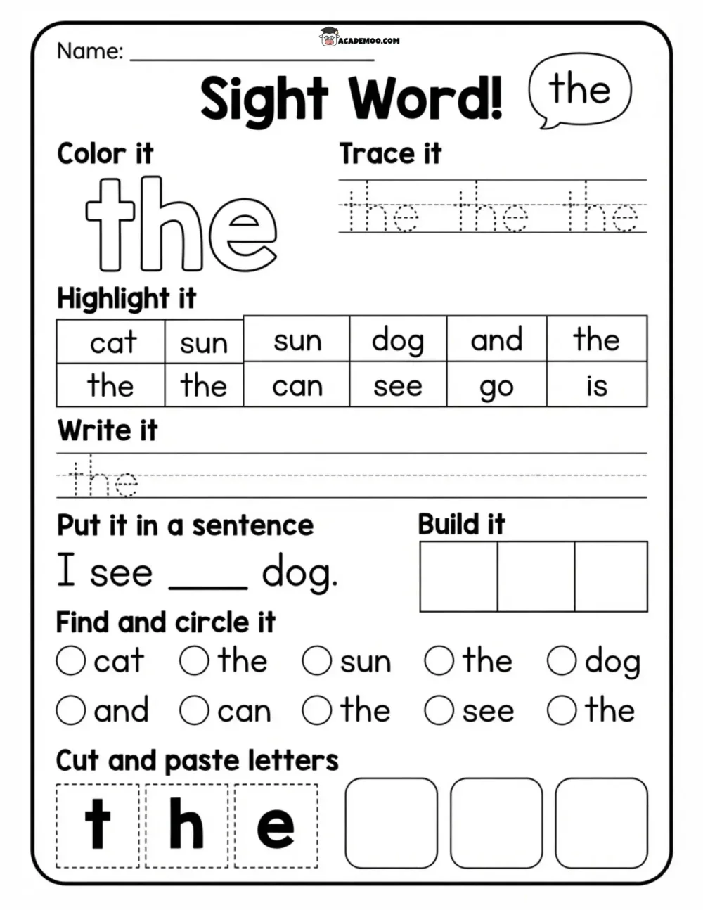 Sight Word The worksheet — kindergarten language arts printable PDF · Printable sight word the worksheet for Kindergarten.