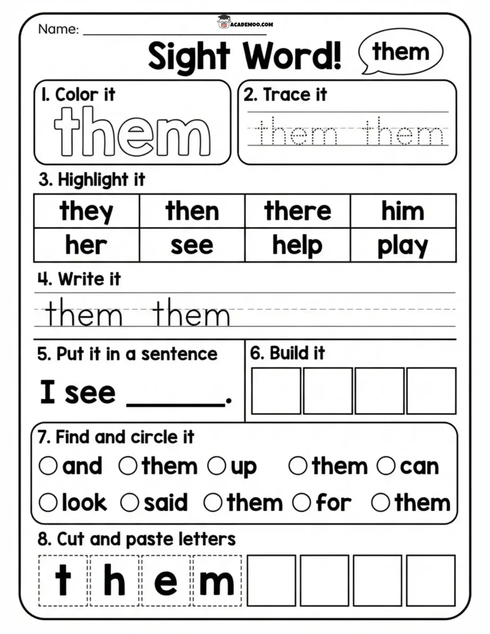 Sight Word Them worksheet — kindergarten language arts printable PDF · Printable sight word them worksheet for Kindergarten.