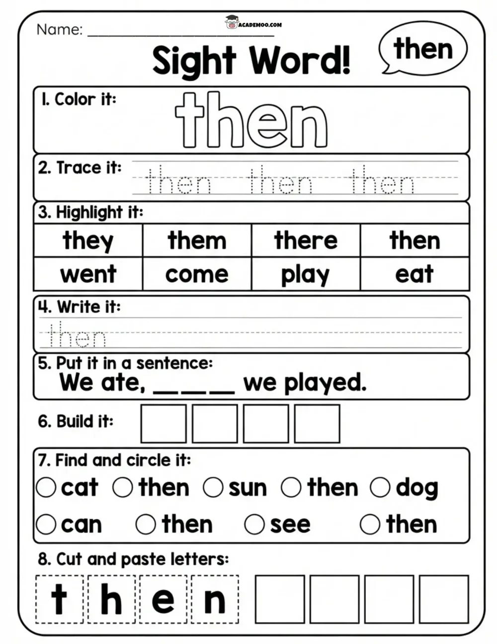 Sight Word Then worksheet — kindergarten language arts printable PDF · Printable sight word then worksheet for Kindergarten.