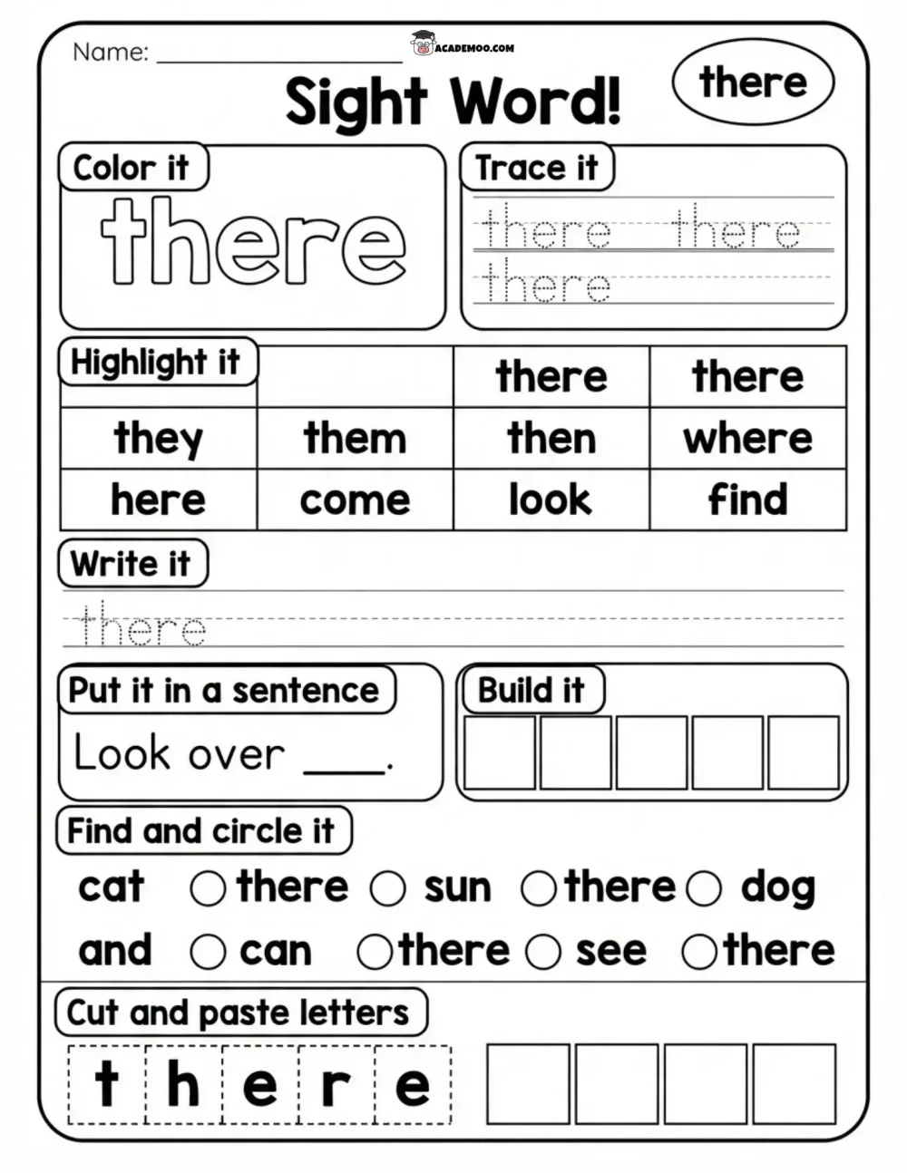 Sight Word There worksheet — kindergarten language arts printable PDF · Printable sight word there worksheet for Kindergarten.