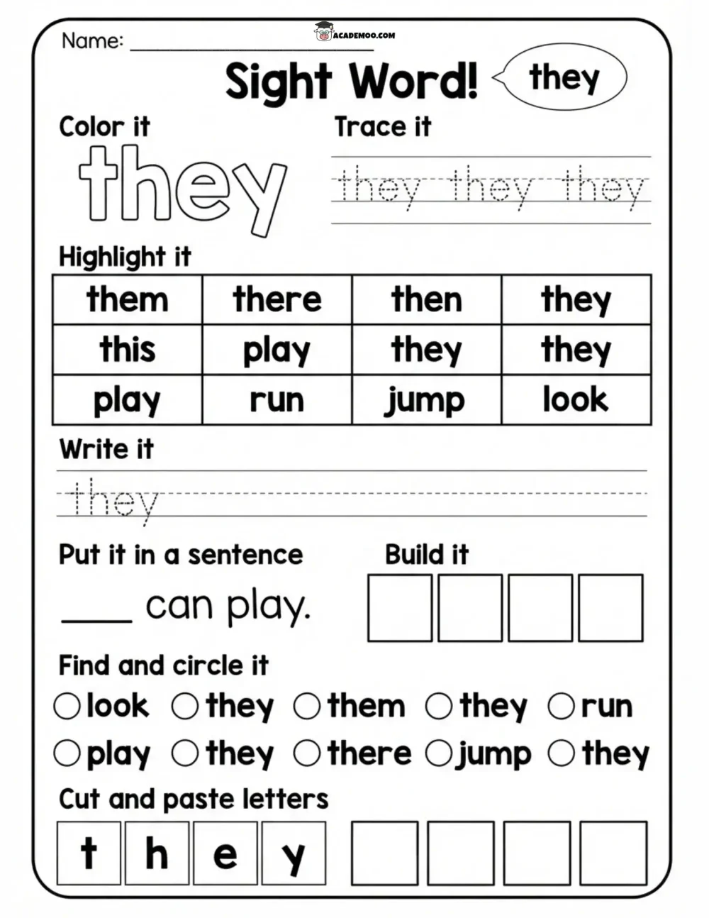Sight Word They worksheet — kindergarten language arts printable PDF · Printable sight word they worksheet for Kindergarten.