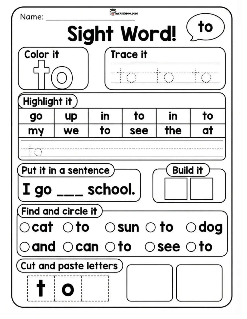 Sight Word To worksheet — kindergarten language arts printable PDF · Printable sight word to worksheet for Kindergarten.