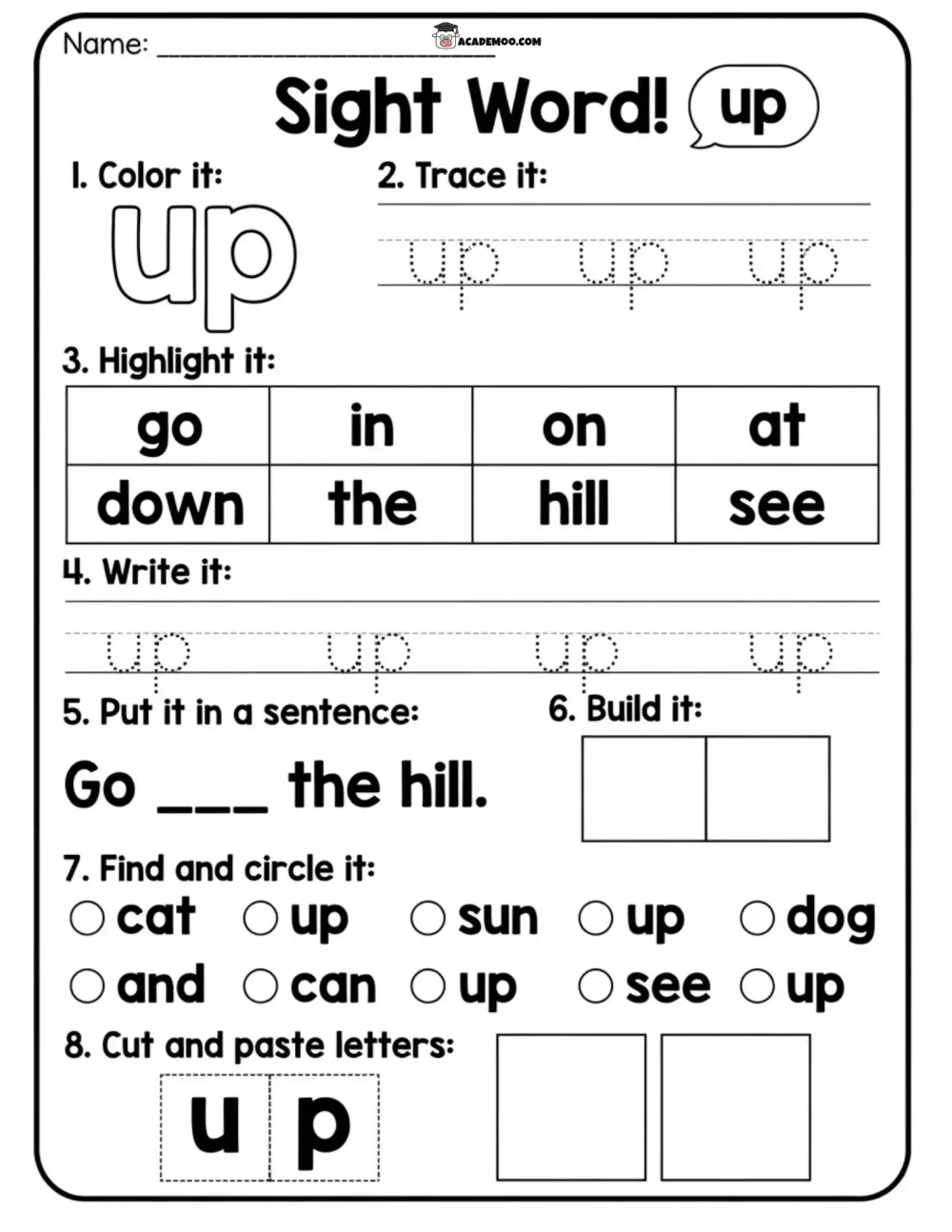 Sight Word Up worksheet — kindergarten language arts printable PDF · Printable sight word up worksheet for Kindergarten.