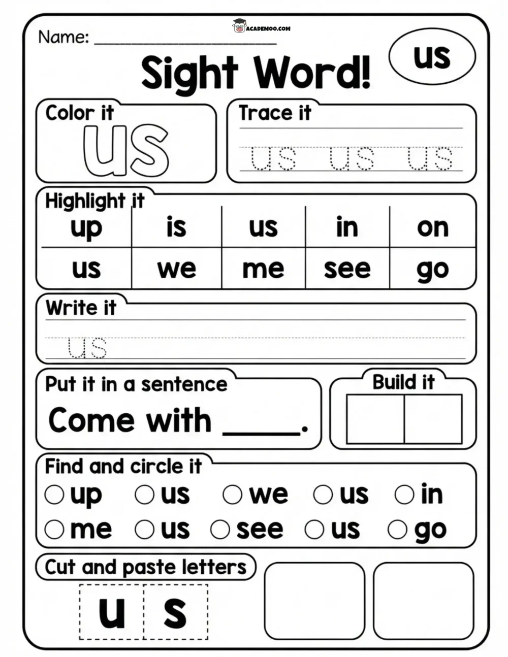 Sight Word Us worksheet — kindergarten language arts printable PDF · Printable sight word us worksheet for Kindergarten.