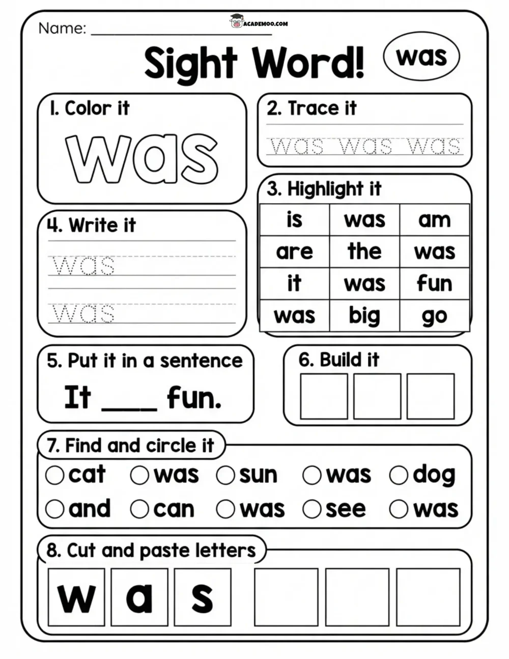 Sight Word Was worksheet — kindergarten language arts printable PDF · Printable sight word was worksheet for Kindergarten.