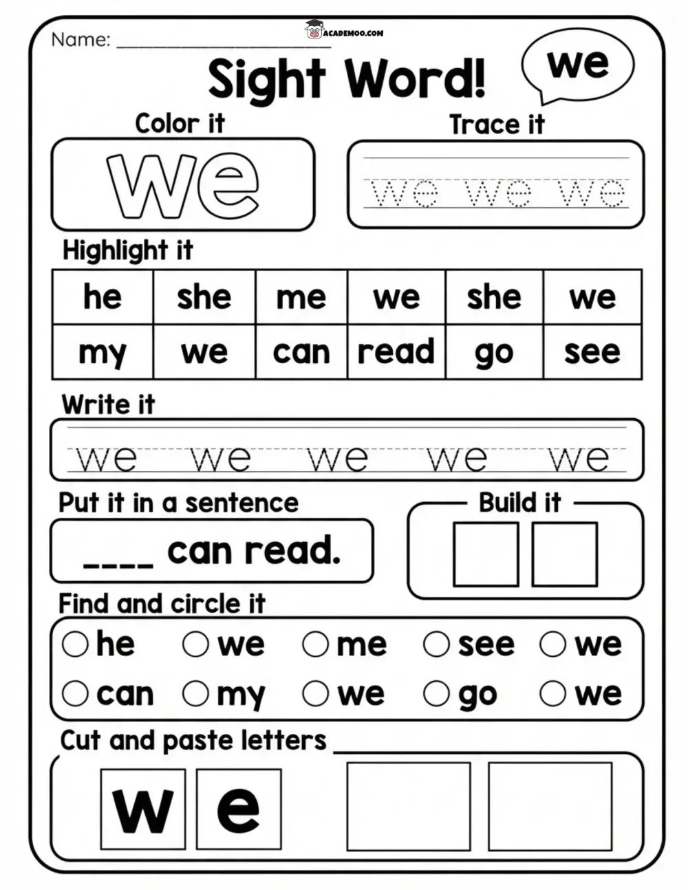 Sight Word We worksheet — kindergarten language arts printable PDF · Printable sight word we worksheet for Kindergarten.