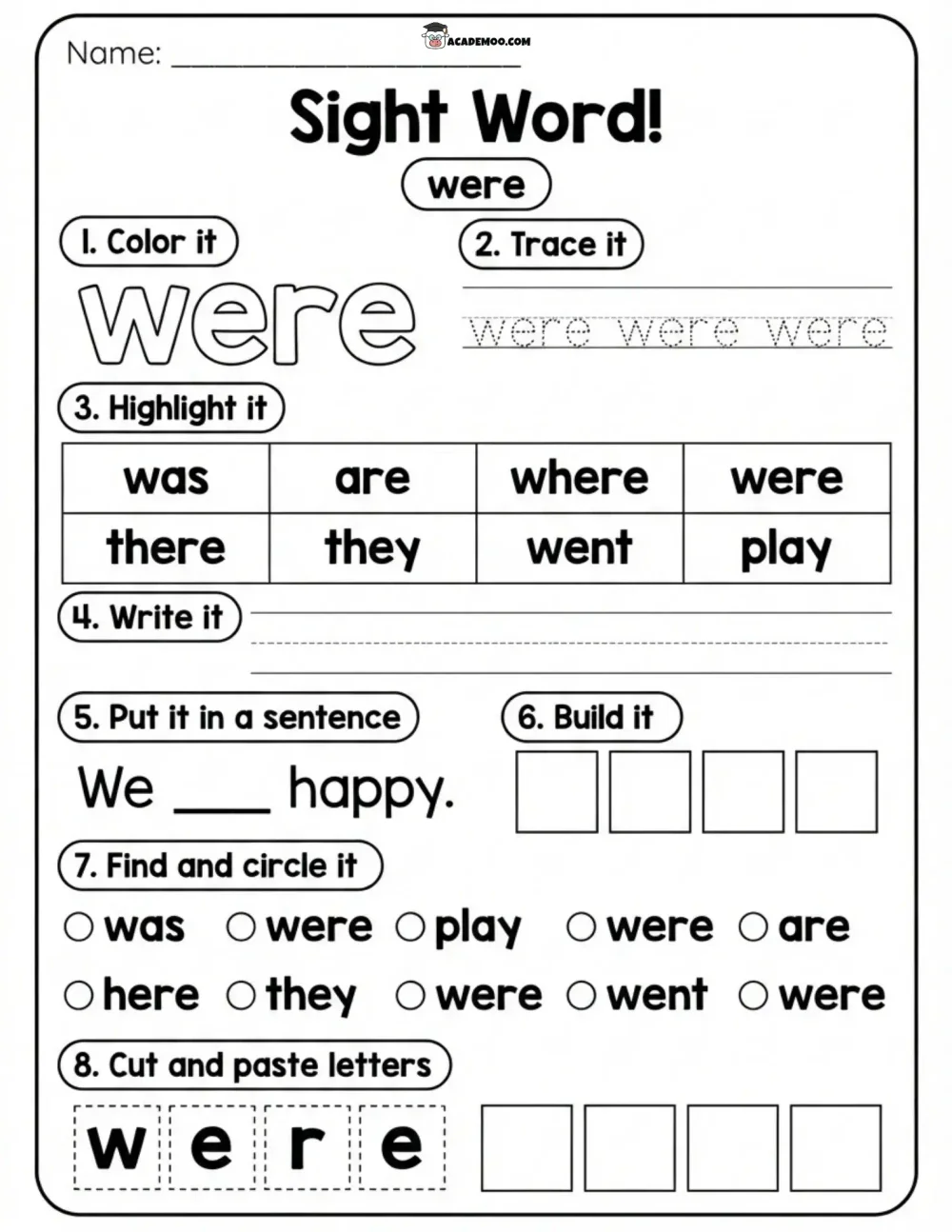 Sight Word Were worksheet — kindergarten language arts printable PDF · Printable sight word were worksheet for Kindergarten.