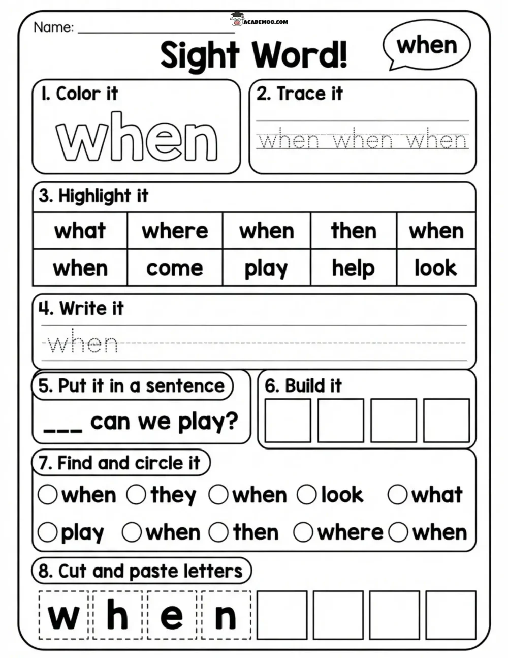 Sight Word When worksheet — kindergarten language arts printable PDF · Printable sight word when worksheet for Kindergarten.