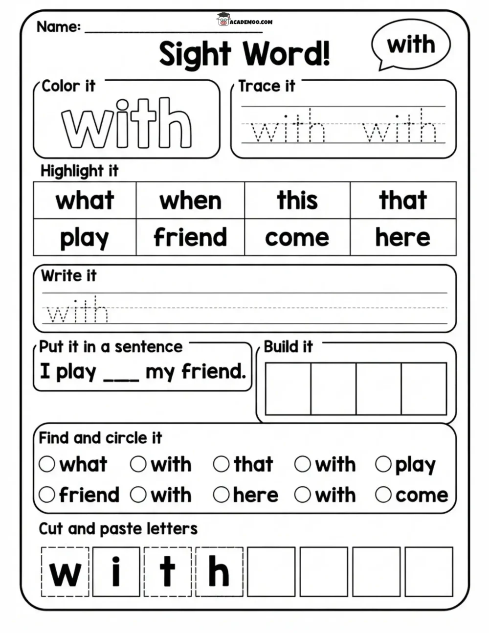 Sight Word With worksheet — kindergarten language arts printable PDF · Printable sight word with worksheet for Kindergarten.