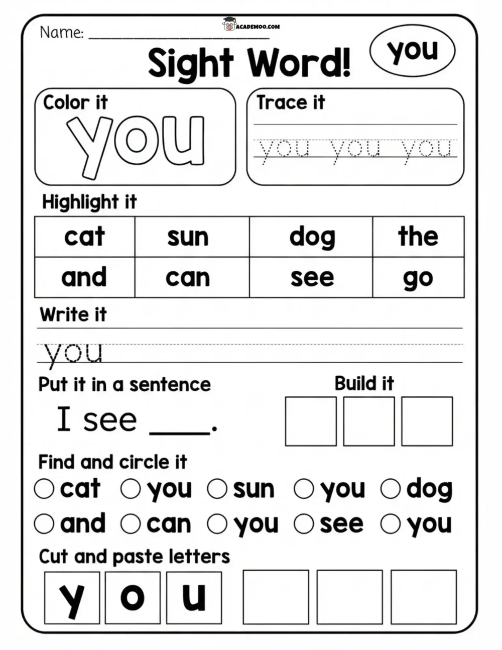Sight Word You worksheet — kindergarten language arts printable PDF · Printable sight word you worksheet for Kindergarten.