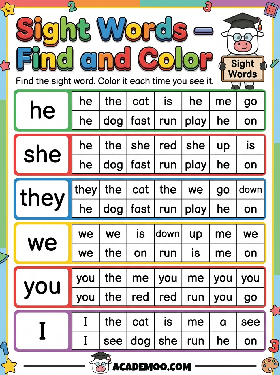 Sight Words Find and Color worksheet — kindergarten language arts printable PDF · Free printable sight words find and color worksheet for Kindergarten.