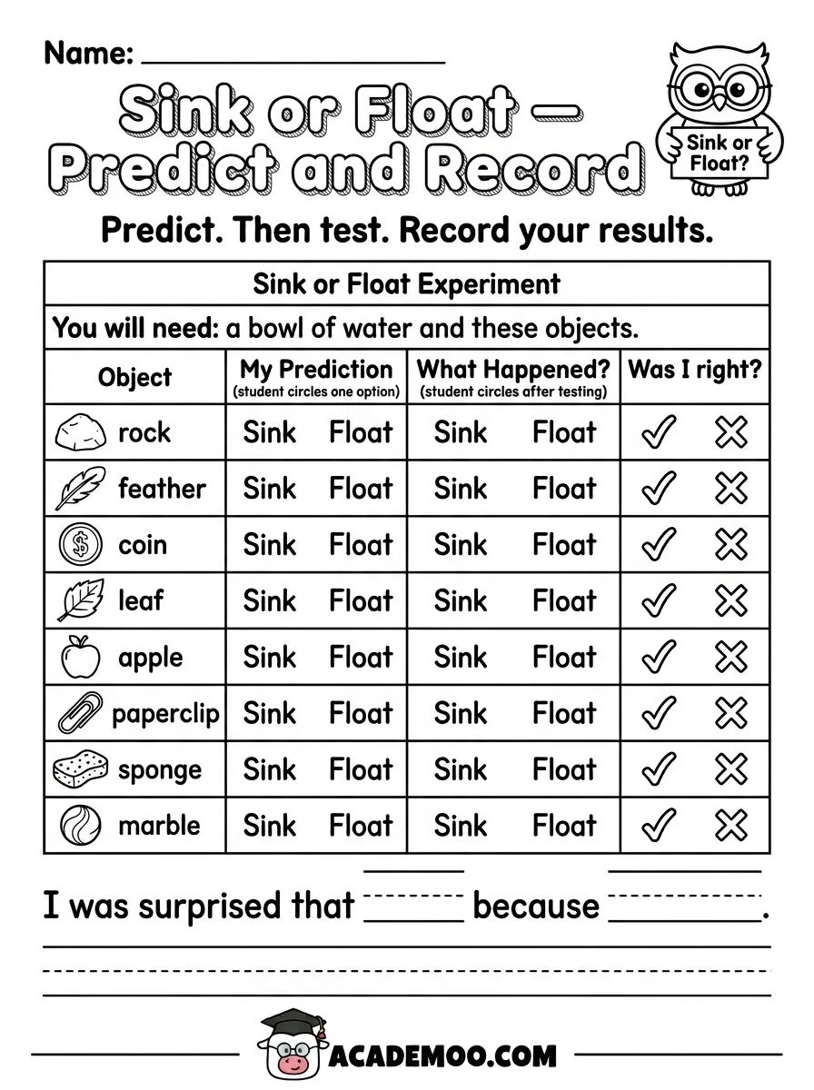 Sink or Float Predict and Record worksheet — kindergarten science printable PDF · Free printable sink or float predict and record worksheet for Kindergarten.