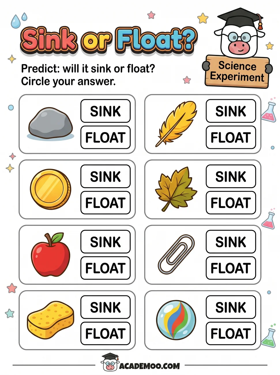 Sink or Float worksheet — kindergarten science printable PDF · Free printable sink or float worksheet for Kindergarten.