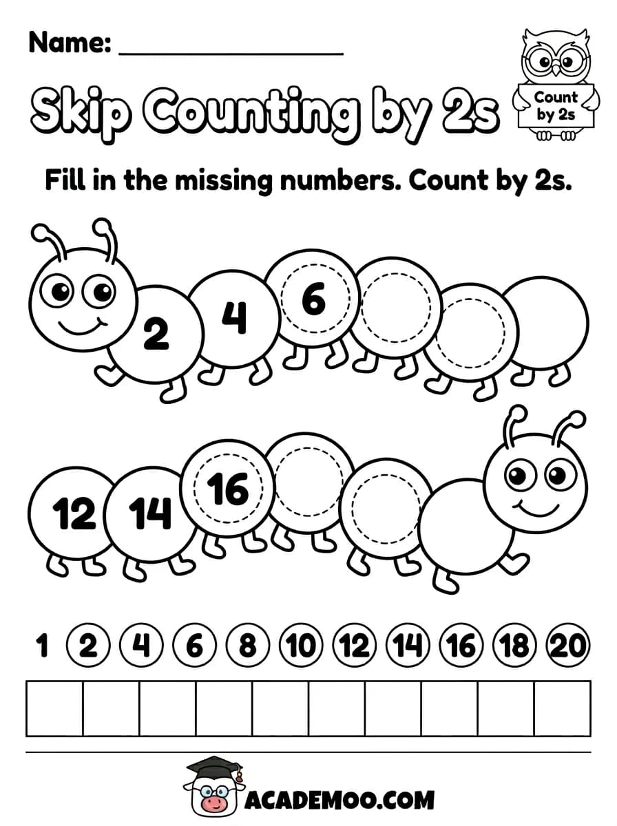 Skip Counting by 2s worksheet — 1st grade math printable PDF · Free printable skip counting by 2s worksheet for 1st Grade.