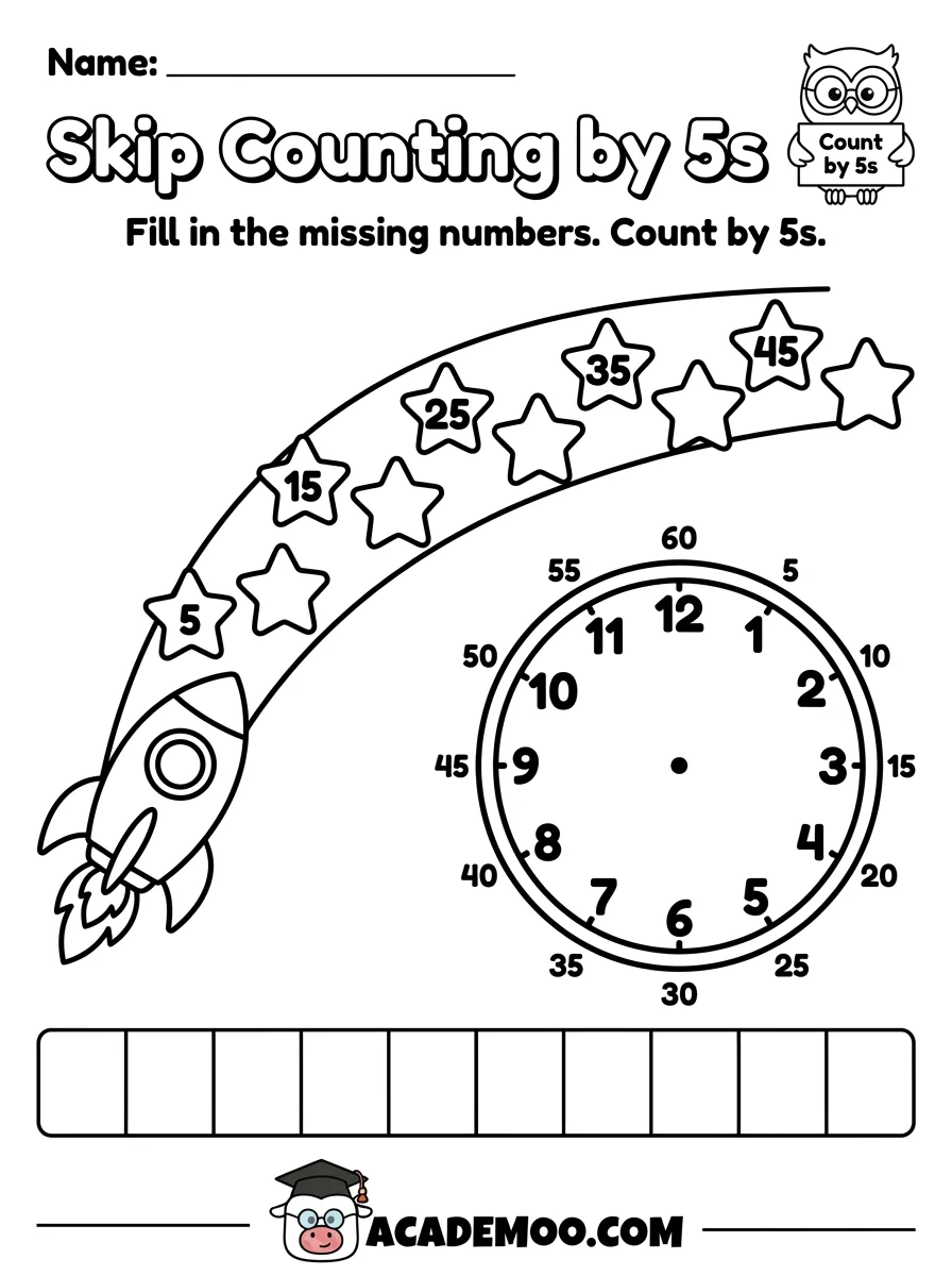 Skip Counting by 5s worksheet — 1st grade math printable PDF · Free printable skip counting by 5s worksheet for 1st Grade.
