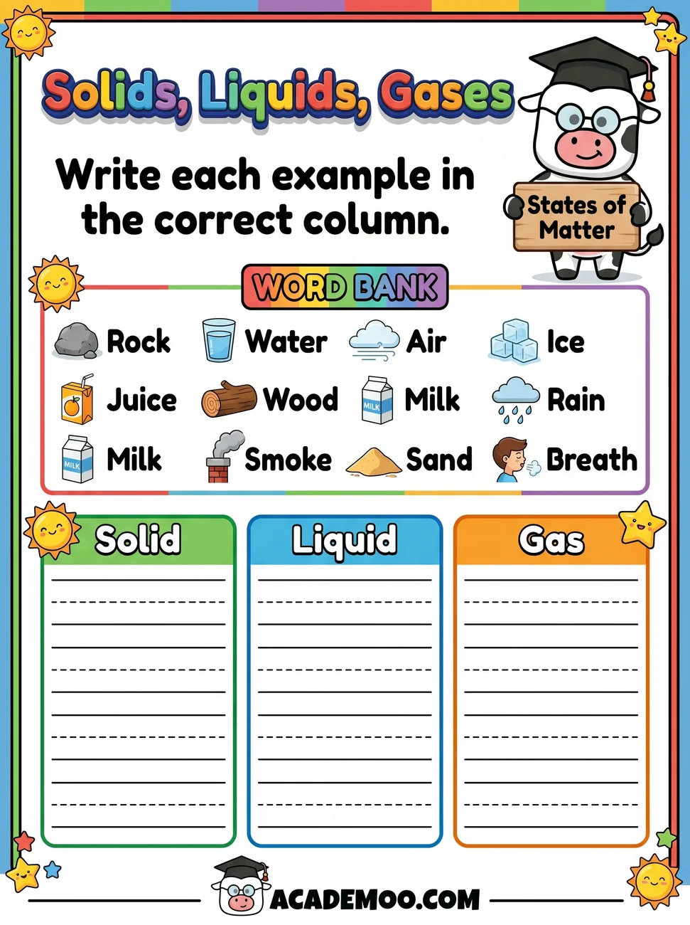 Solids Liquids and Gases Sort worksheet — kindergarten science printable PDF · Free printable solids liquids and gases sort worksheet for Kindergarten.