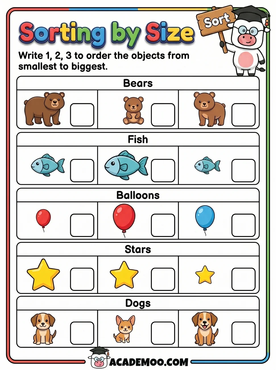 Sorting by Size worksheet — pre-k math printable PDF · Free printable sorting by size worksheet for Pre-K.