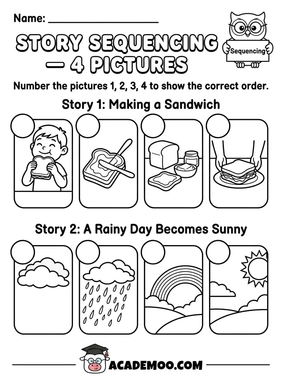 Story Sequencing 4 Pictures worksheet — kindergarten language arts printable PDF · Free printable story sequencing 4 pictures worksheet for Kindergarten.
