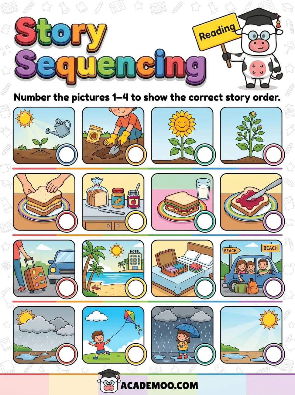 Story Sequencing worksheet — kindergarten language arts printable PDF · Free printable story sequencing worksheet for Kindergarten.