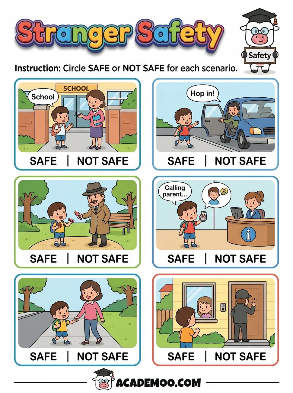 Stranger Safety worksheet — 1st grade language arts printable PDF · Free printable stranger safety worksheet for 1st Grade.
