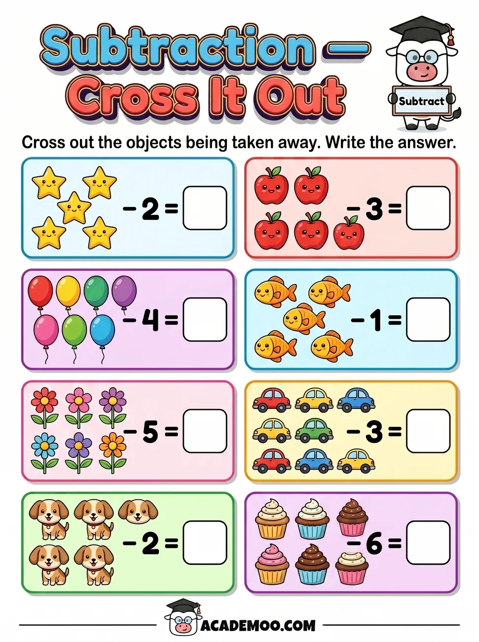 Subtraction Cross It Out worksheet — kindergarten math printable PDF · Free printable subtraction cross it out worksheet for Kindergarten.